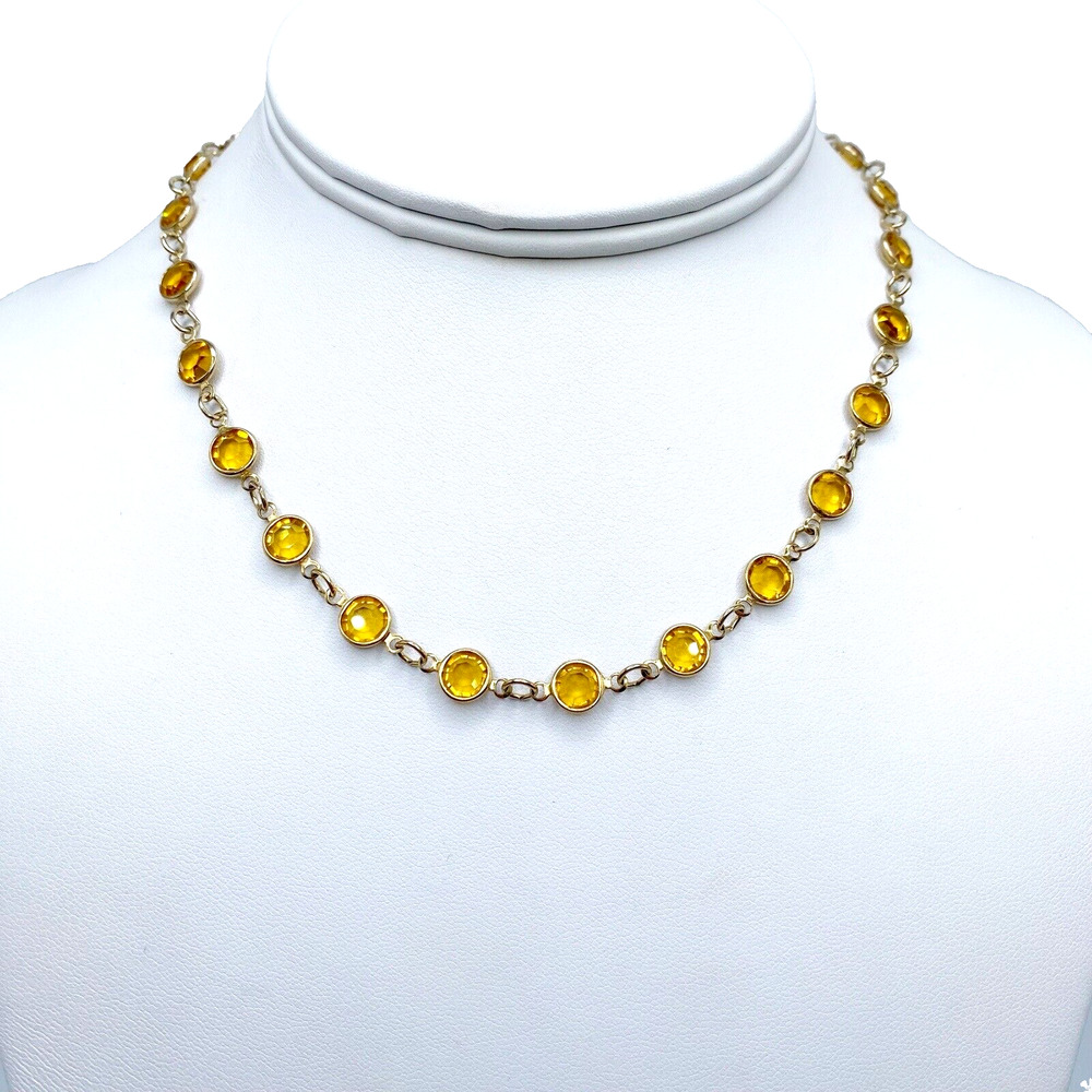 Vtg Topaz Yellow Open Back Bezel Set Crystal Glass Station Necklace Choker 14"